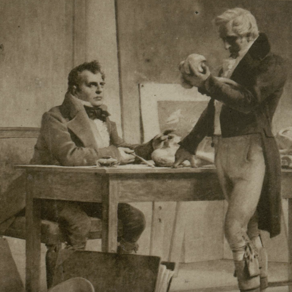 Painting of two men at desk examining fossils